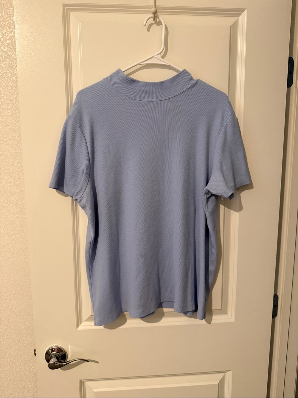 Vintage Karen Scott Light Blue Purple Ribbed Mock Neck Short Sleeve Women's Top